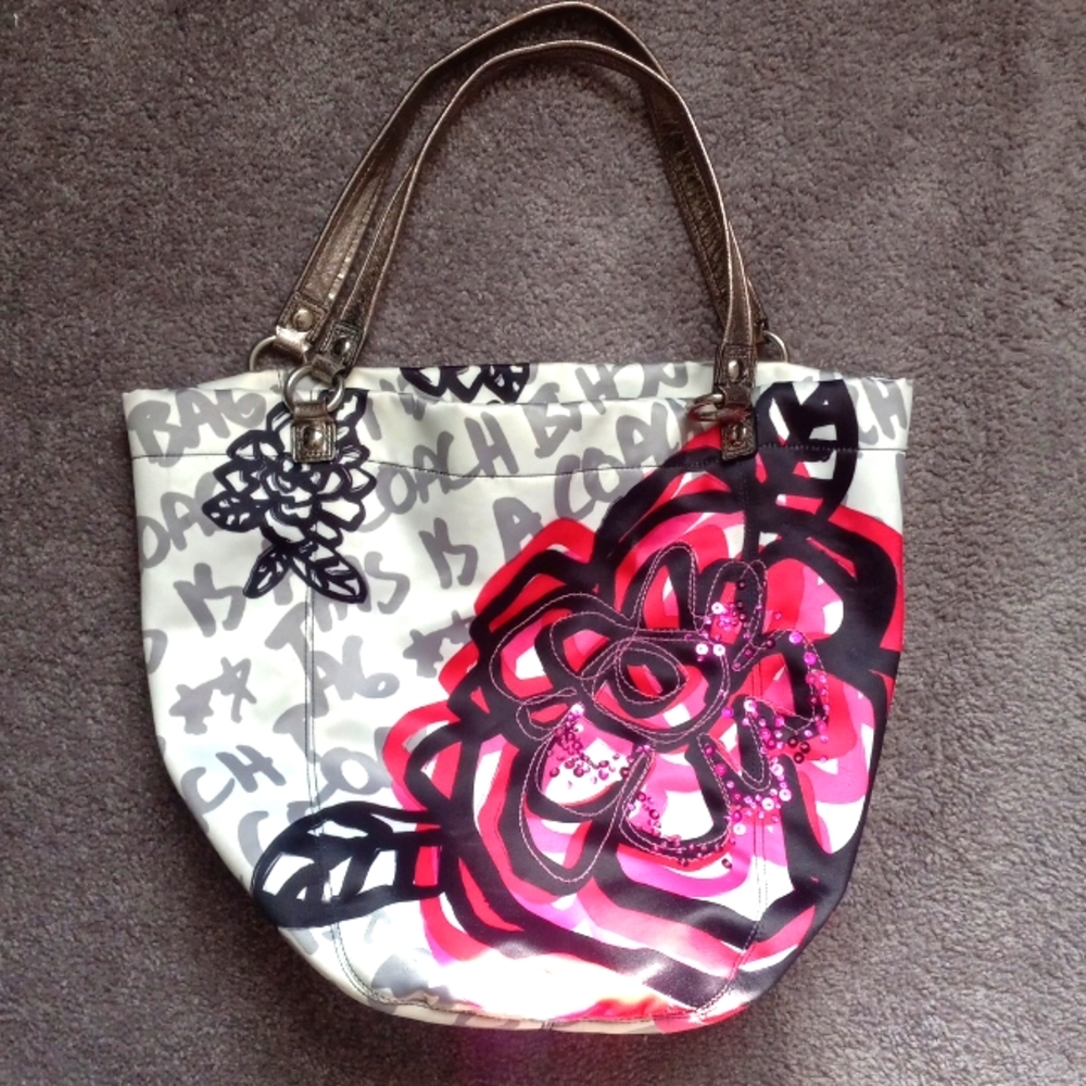 Coach Floral Tote Bag - Pink and Black Poppy Handbag Purse